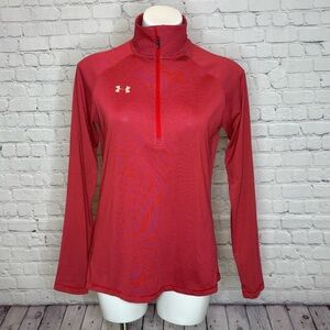 Under Armour Heat Gear Loose fitting Red and Gray Stripe quarter Zip Shirt Sz S